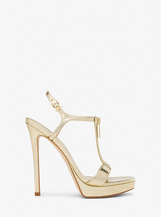 Women Michael Kors Berkley Metallic Snake Embossed Leather Stiletto Sandals Gold | EKDHXS-724