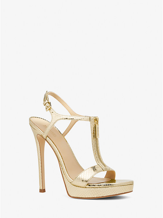 Women Michael Kors Berkley Metallic Snake Embossed Leather Stiletto Sandals Gold | EKDHXS-724