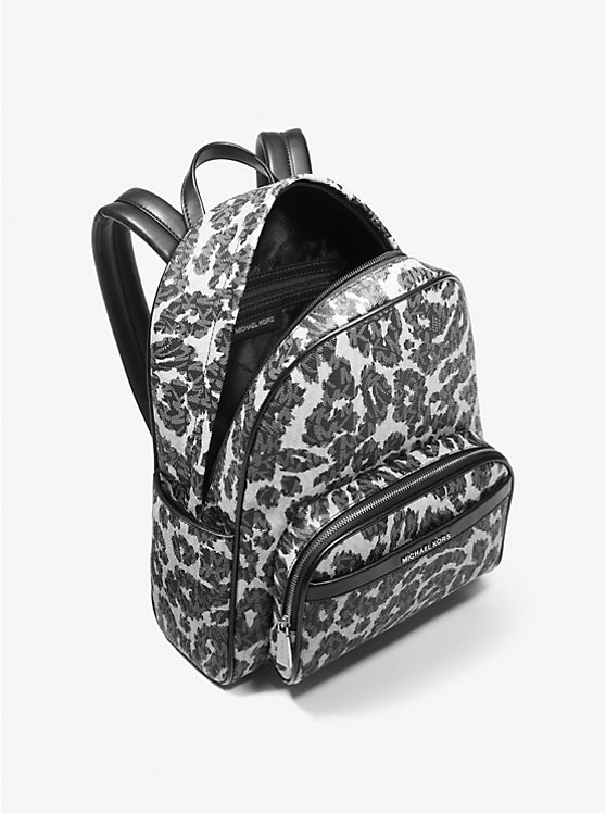 Women Michael Kors Bex Leopard Logo Backpack Black | AKWCPL-037