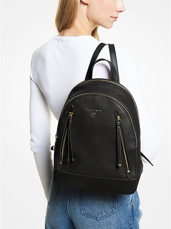 Women Michael Kors Brooklyn Medium Pebbled Leather Backpack Black | EBSOKD-034