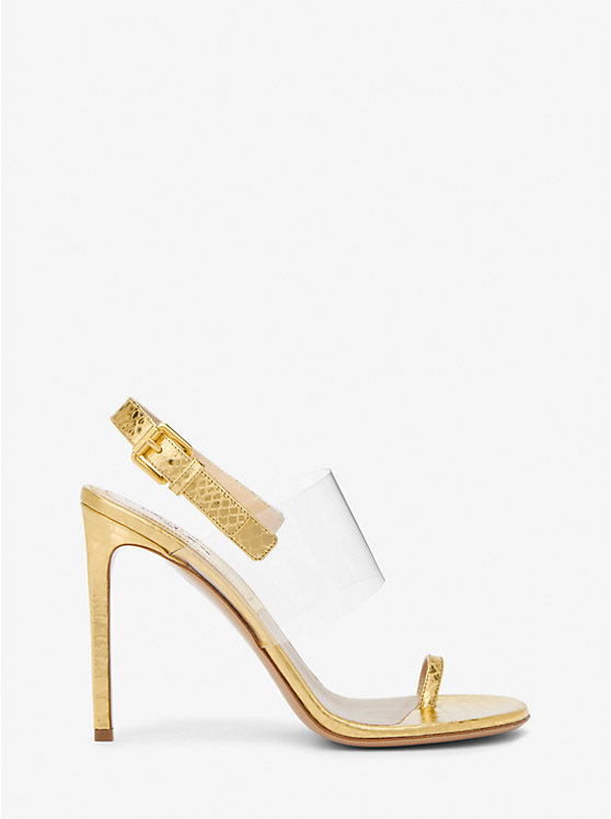 Women Michael Kors Catherine Metallic Python Embossed Leather Sandals Gold | EYVWBT-217