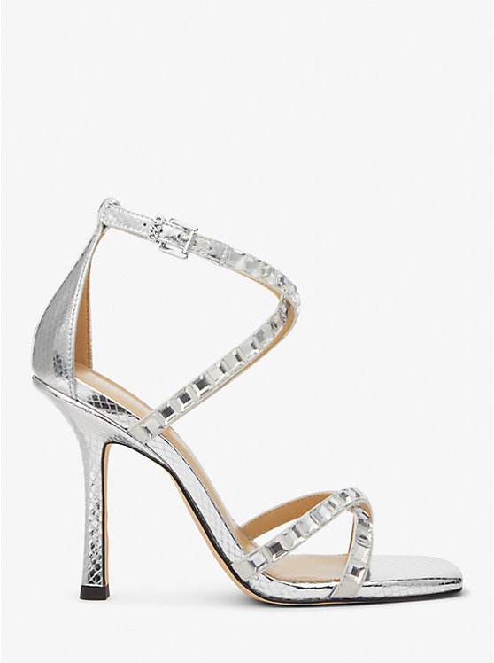 Women Michael Kors Celia Crystal Embellished Metallic Snake Embossed Sandals Silver | ALUZQB-218