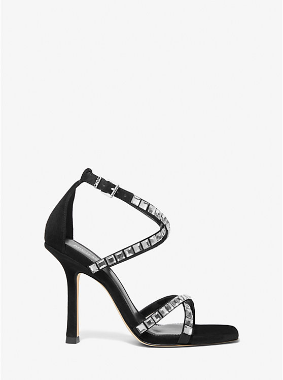 Women Michael Kors Celia Crystal Embellished Suede Sandals Black | JMHFSB-546