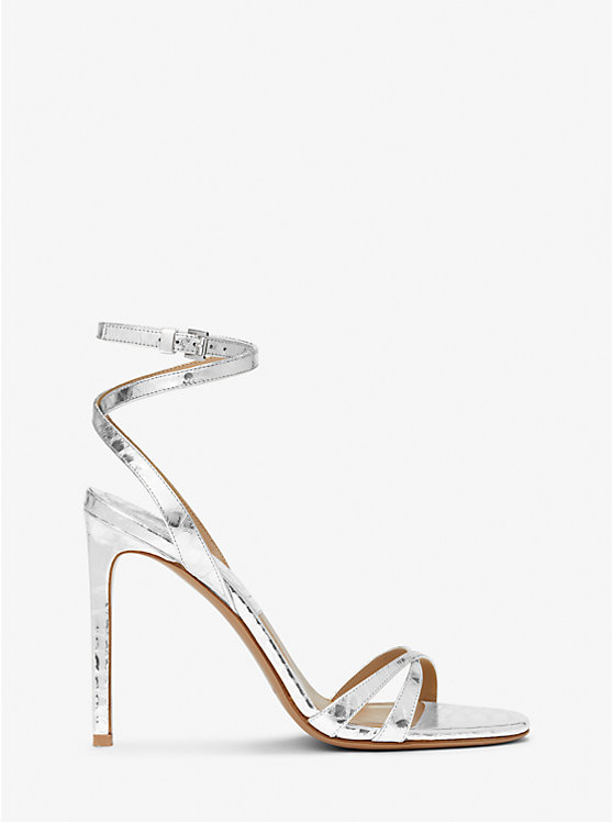 Women Michael Kors Chrissy Metallic Python Embossed Leather Sandals Silver | DXLBKZ-802