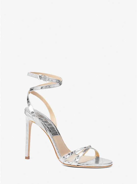 Women Michael Kors Chrissy Metallic Python Embossed Leather Sandals Silver | DXLBKZ-802