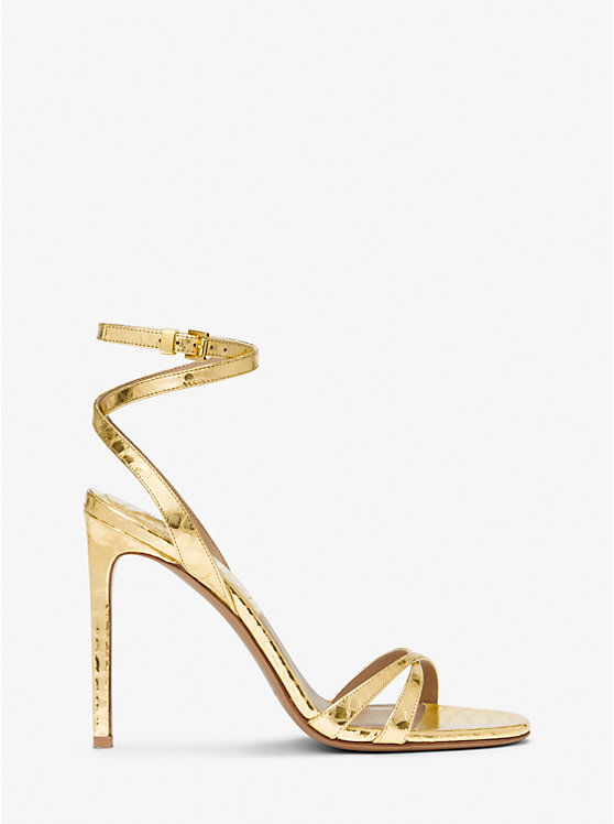 Women Michael Kors Chrissy Metallic Python Embossed Leather Sandals Gold | GONJQZ-475