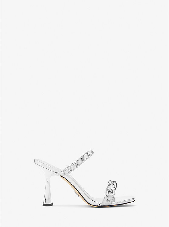 Women Michael Kors Clara Embellished Metallic Snake Embossed Leather Sandals Silver | YTNAKW-061