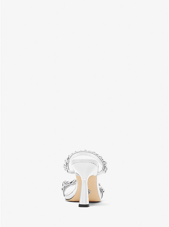 Women Michael Kors Clara Embellished Metallic Snake Embossed Leather Sandals Silver | YTNAKW-061