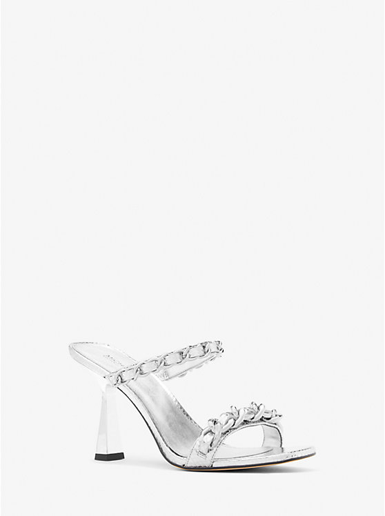 Women Michael Kors Clara Embellished Metallic Snake Embossed Leather Sandals Silver | YTNAKW-061