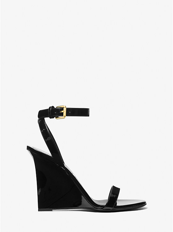 Women Michael Kors Claudia Patent Leather Wedge Sandals Black | GNRKMD-260