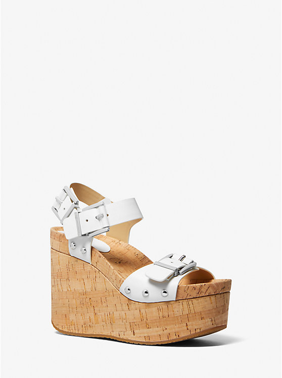 Women Michael Kors Colby Leather Wedge Sandals White | DTKNEX-205