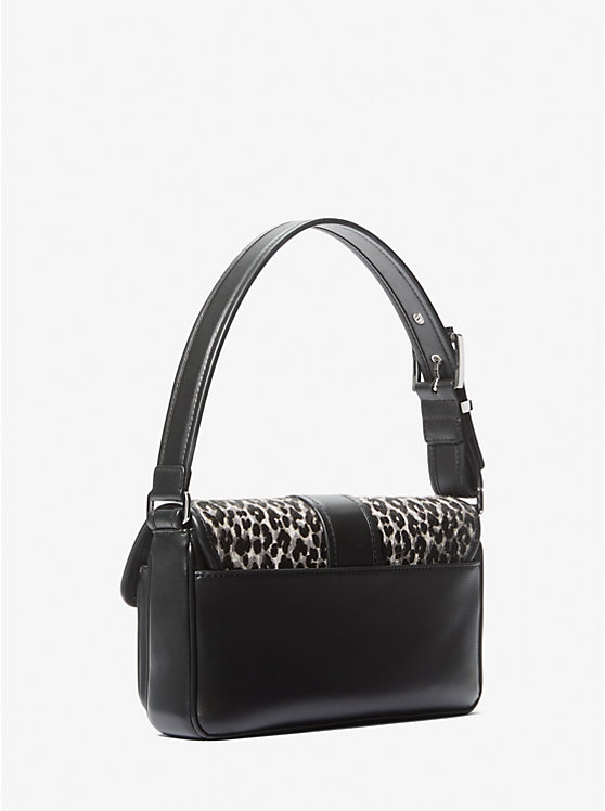 Women Michael Kors Colby Medium Leopard Print Calf Hair Shoulder Bags Black | TJRZMI-738