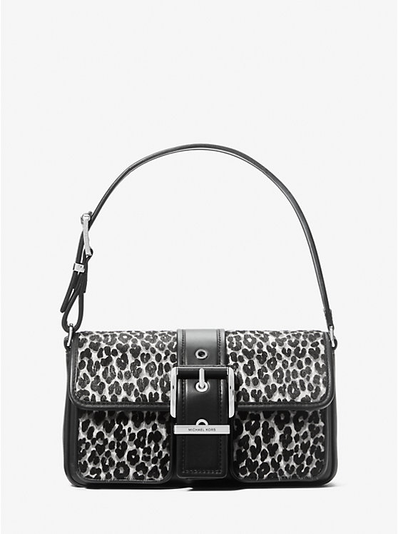 Women Michael Kors Colby Medium Leopard Print Calf Hair Shoulder Bags Black | TJRZMI-738