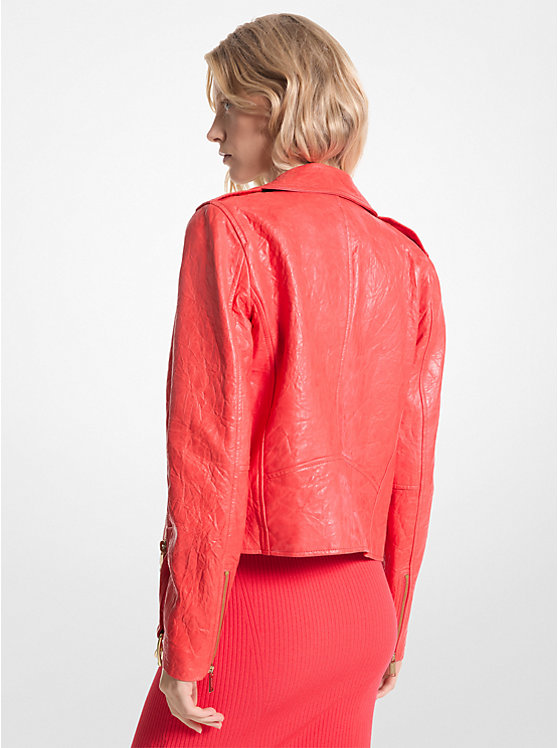 Women Michael Kors Crinkled Leather Moto Jackets Coral | USKGBQ-973