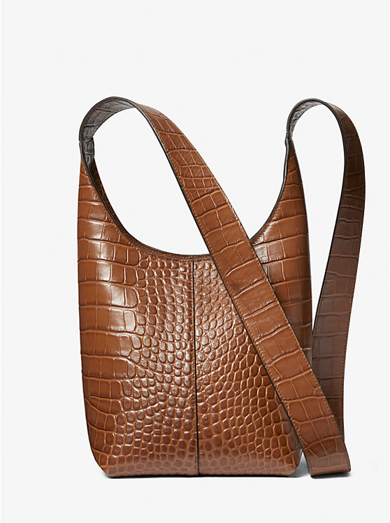 Women Michael Kors Dede Mini Crocodile Embossed Leather Hobo Bag Brown | LUPMVT-680