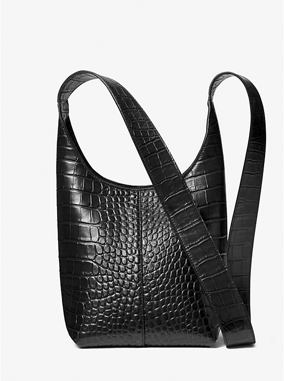 Women Michael Kors Dede Mini Crocodile Embossed Leather Hobo Bag Black | YHINBD-386