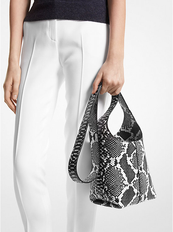 Women Michael Kors Dede Mini Python Embossed Leather Hobo Bag Black / White | IRPWHC-578