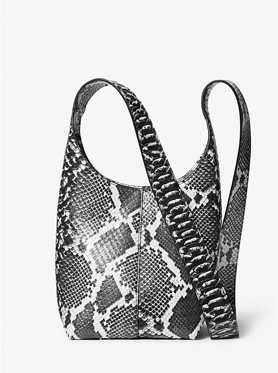 Women Michael Kors Dede Mini Python Embossed Leather Hobo Bag Black / White | IRPWHC-578