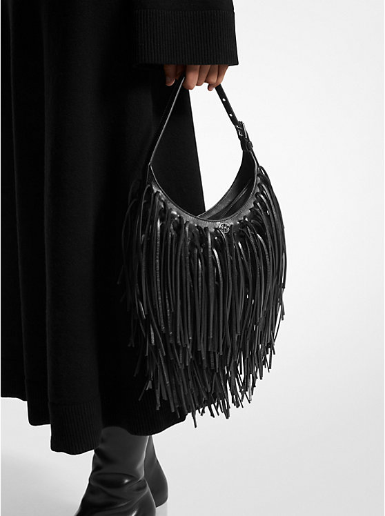 Women Michael Kors Dyan Small Fringed Leather Shoulder Bags Black | BWLARC-637