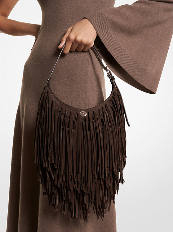 Women Michael Kors Dyan Small Fringed Suede Shoulder Bags Chocolate | RVAETW-694