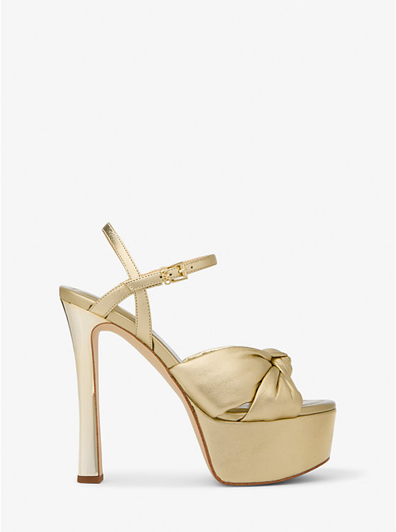 Women Michael Kors Elena Metallic Leather Platform Sandals Gold | FKTNOJ-529