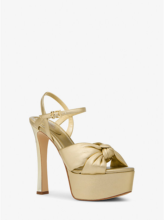 Women Michael Kors Elena Metallic Leather Platform Sandals Gold | FKTNOJ-529