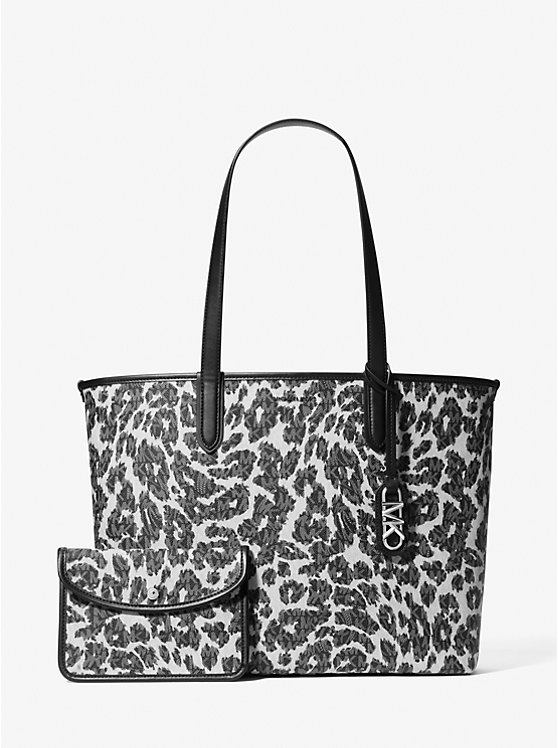 Women Michael Kors Eliza Extra-Large Leopard Logo Tote Bag Black | USWIDC-079