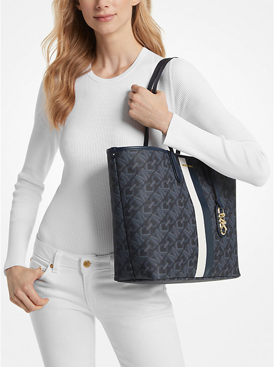 Women Michael Kors Eliza Large Empire Signature Logo Stripe Tote Bag Navy | IJPLTY-385