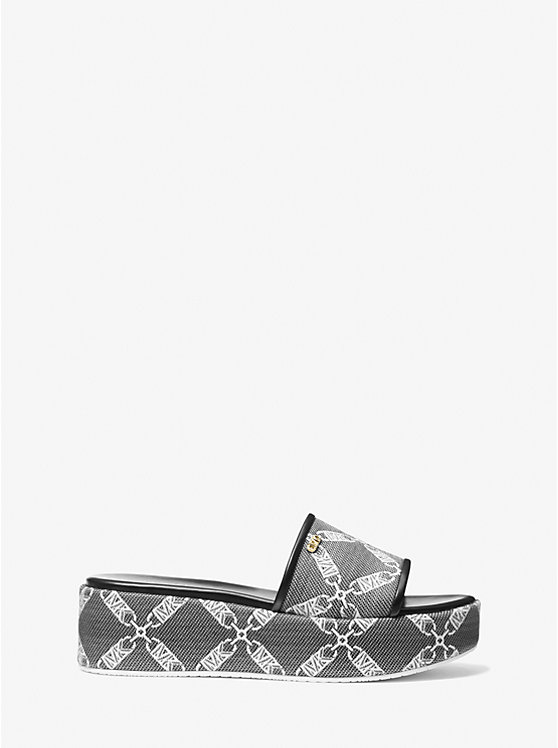 Women Michael Kors Ember Empire Logo Jacquard Platform Sandals Black / White | FZJSDA-963