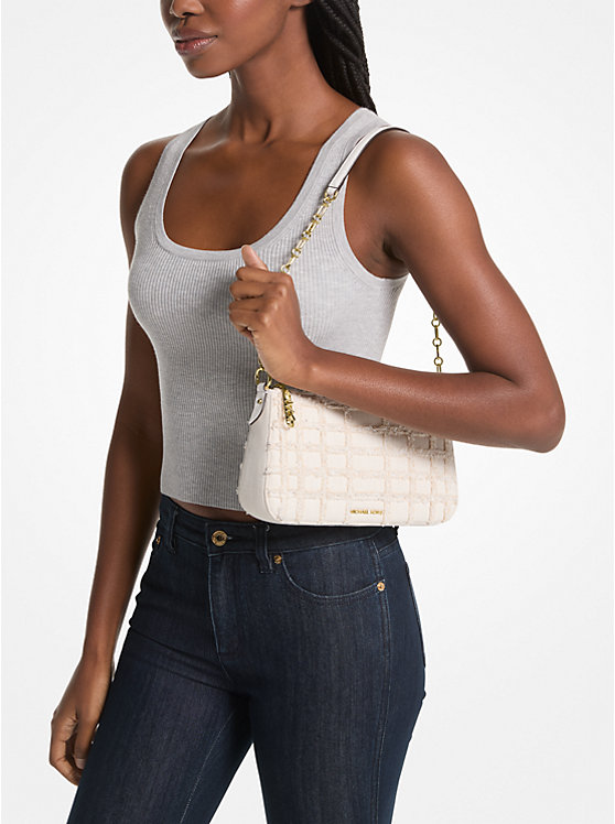 Women Michael Kors Empire Medium Frayed Denim Chain-Link Pochette Handbag White | YMOTCB-736