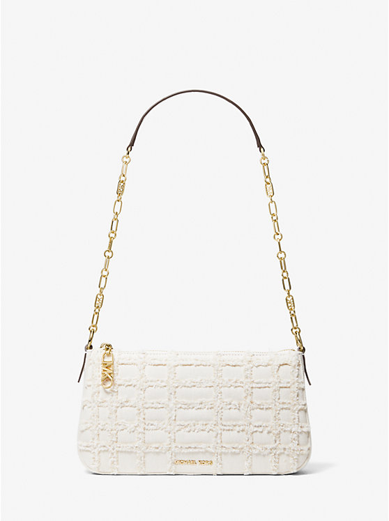 Women Michael Kors Empire Medium Frayed Denim Chain-Link Pochette Handbag White | YMOTCB-736