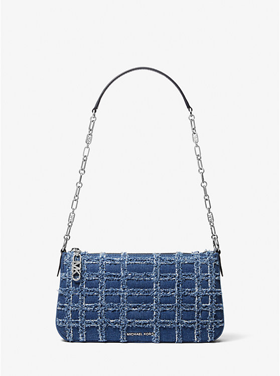 Women Michael Kors Empire Medium Frayed Denim Chain-Link Handbag Blue | TYNXHZ-194