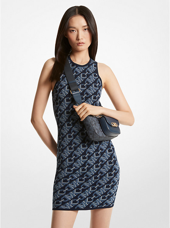 Women Michael Kors Empire Signature Logo Jacquard Tank Dress Navy | KXDCBL-563