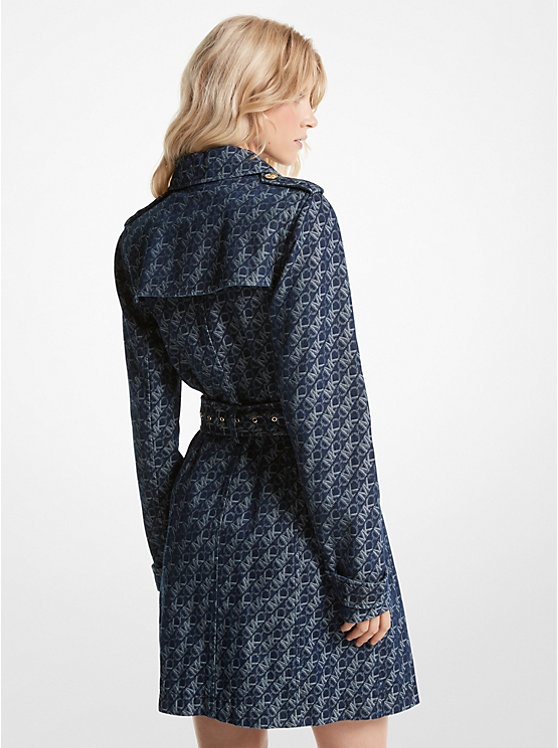 Women Michael Kors Empire Signature Logo Jacquard Denim Trench Coats Navy | JECLIQ-630