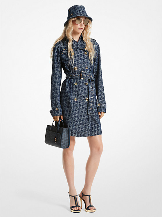 Women Michael Kors Empire Signature Logo Jacquard Denim Trench Coats Navy | JECLIQ-630