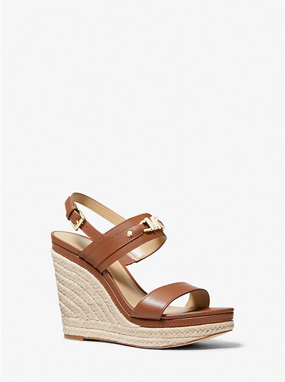 Women Michael Kors Farrah Leather Wedge Sandals Brown | JRLTVD-476