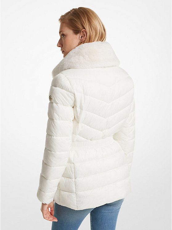 Women Michael Kors Faux Fur Trim Quilted Nylon Packable Puffer Jackets Beige | UXQYZR-312