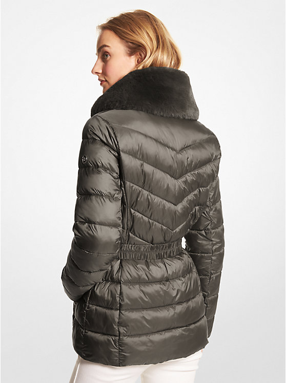 Women Michael Kors Faux Fur Trim Quilted Nylon Packable Puffer Jackets Olive | FQUDBH-926