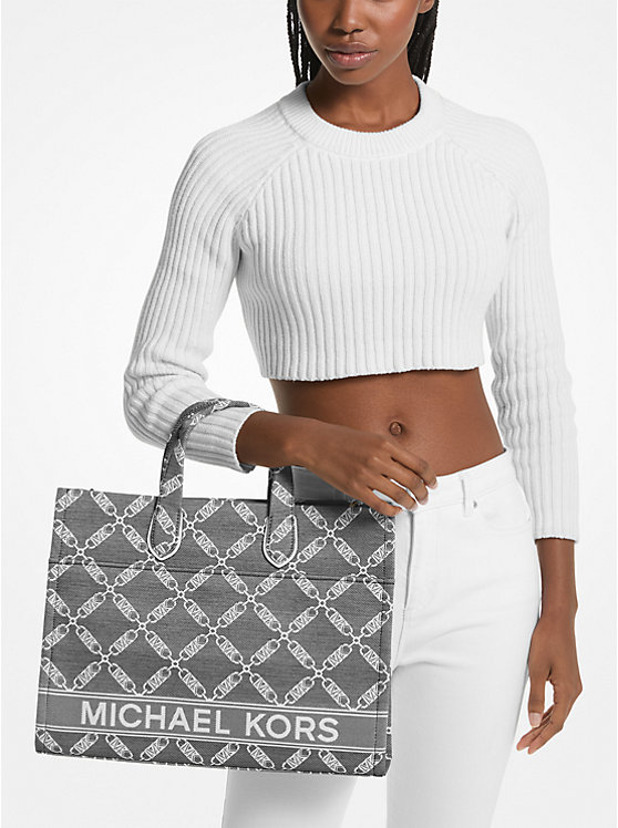 Women Michael Kors Gigi Large Empire Logo Jacquard Tote Bag Black / White | EKLBSP-076