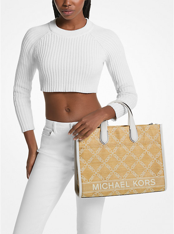 Women Michael Kors Gigi Large Empire Logo Jacquard Straw Tote Bag Yellow | AOGTIV-186