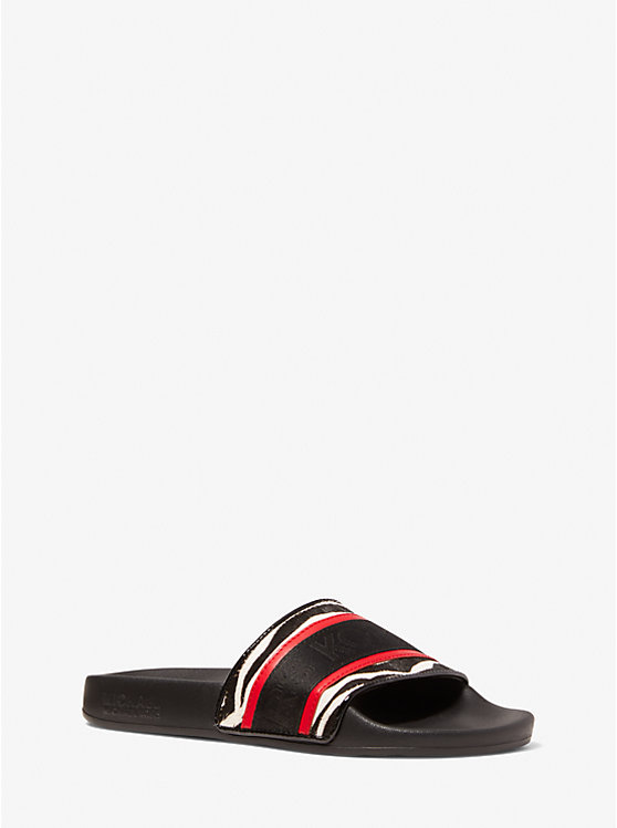 Women Michael Kors Gilmore Logo Tape and Printed Calf Hair Slide Sandals Black / Red | DEGLZY-859