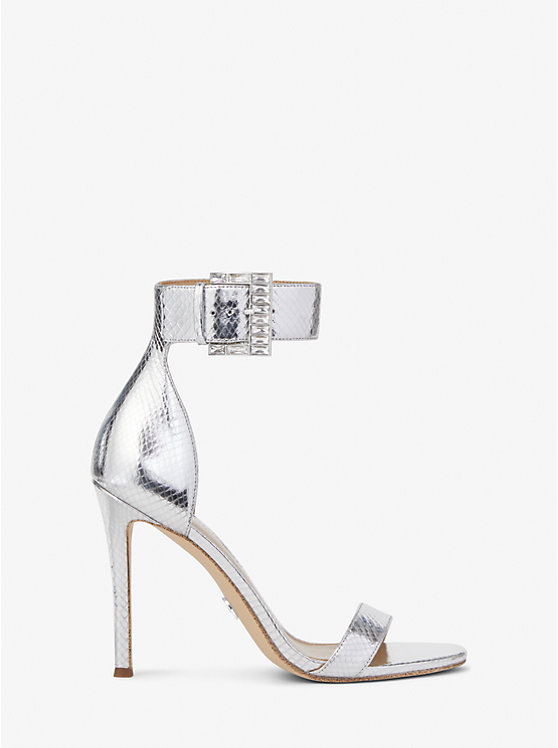 Women Michael Kors Giselle Metallic Snake Embossed Leather Sandals Silver | SVNOIQ-052