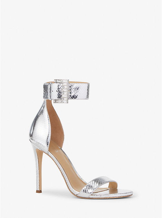 Women Michael Kors Giselle Metallic Snake Embossed Leather Sandals Silver | SVNOIQ-052