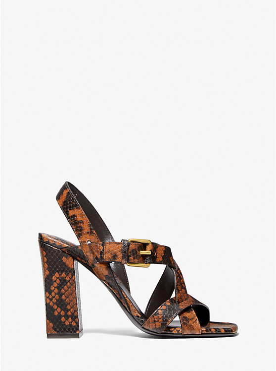 Women Michael Kors Gladys Python Embossed Leather Sandals Brown | DMOSCX-946