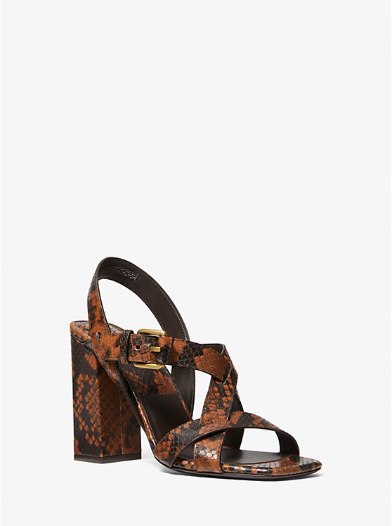 Women Michael Kors Gladys Python Embossed Leather Sandals Brown | DMOSCX-946