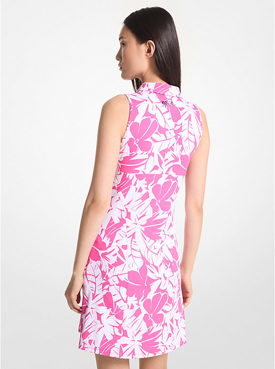 Women Michael Kors Golf Palm Print Stretch Knit Zip-Up Polo Dress Pink | BJVCEQ-317