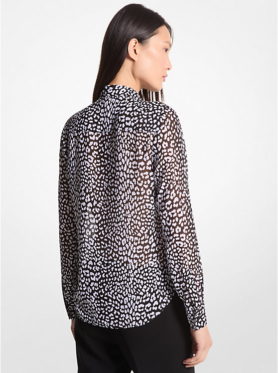 Women Michael Kors Graphic Leopard Print Georgette Tie-Neck Blouse Tops Black / White | DJXRBQ-834