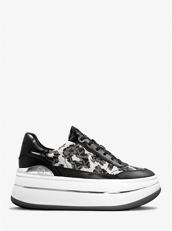 Women Michael Kors Hayes Leopard Logo and Leather Platform Sneakers Black | BFNSPG-762