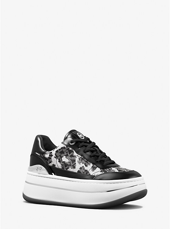 Women Michael Kors Hayes Leopard Logo and Leather Platform Sneakers Black | BFNSPG-762