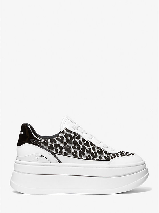 Women Michael Kors Hayes Leopard Print Calf Hair Platform Sneakers Black | HRAQNP-652